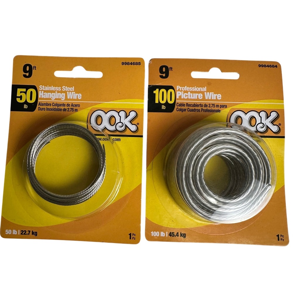 OOK 50 lb Stainless Steel Hanging Wire‎ & 100 lb Picture Wire 9 ft Lot of 2